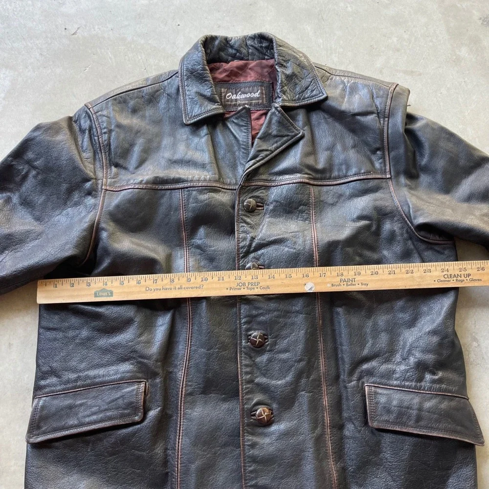 Oakwood Classic Mens XL Brown Leather Jacket Button Front Quilted Lined Car Coat